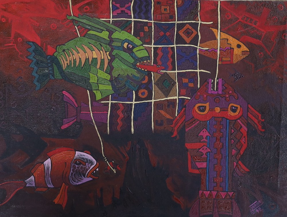 Gorget Chirino, oil on canvas, Exotic fish, signed and dated '98, 30 x 40cm, unframed and an unstretched oil on canvas of Noah entering the ark, by another hand, 37 x 47cm